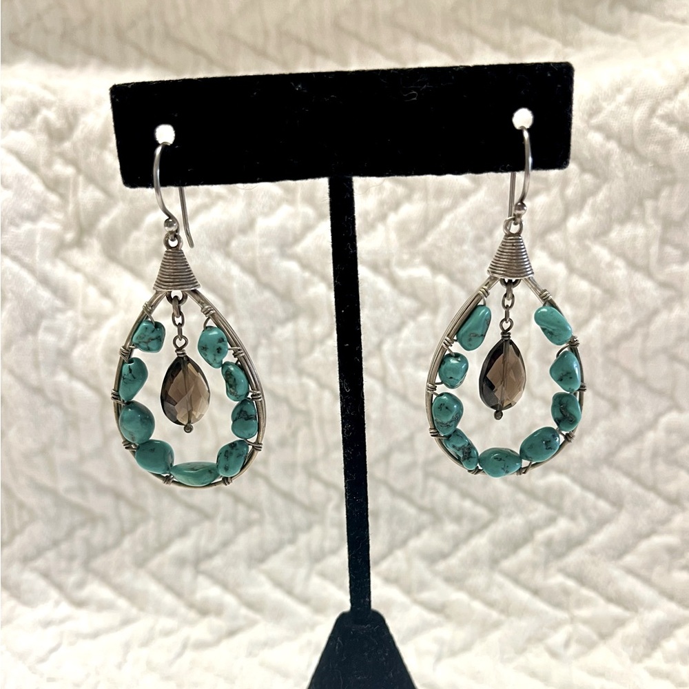 Silpada Earrings with Turquoise & Sterling Silver and Smokey Quartz Stone W2215